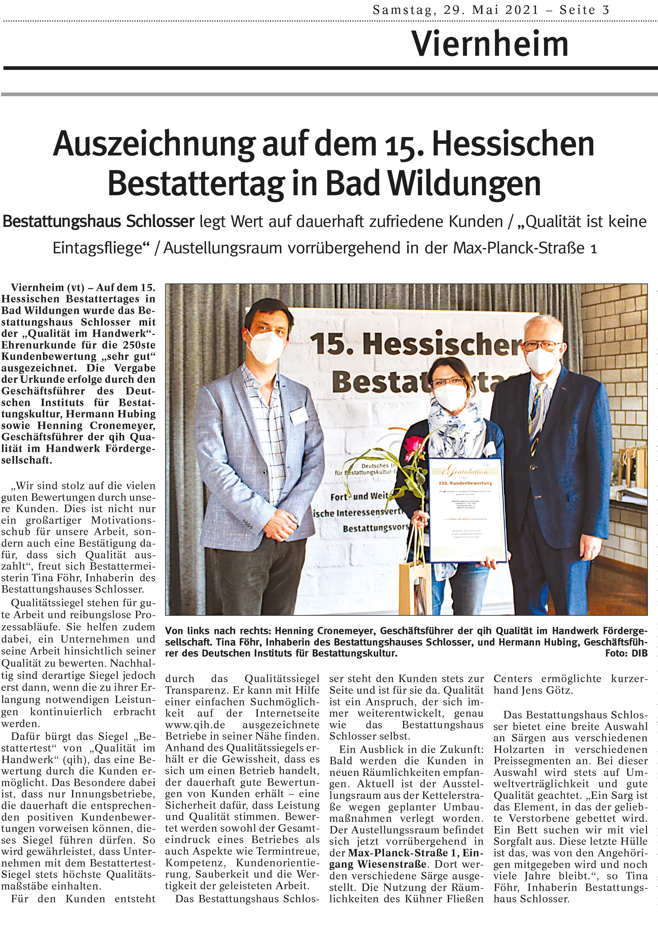 veröffentlicht im Tageblatt Viernheim am 29. Mai 2021:  Auszeichnung auf dem 15. Hessischen Bestattertag in Bad Bildungen